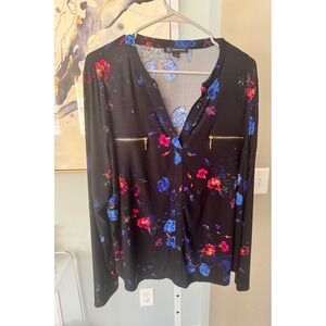 INC International Concepts Floral Blouse Black Pink Blue Zipper Pockets XL